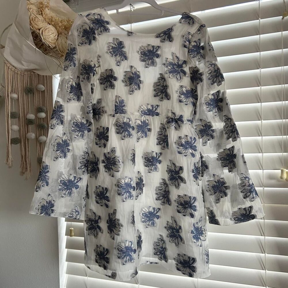Athena Procopiou Blue Floral Sheer Babydoll Mini Dress Size small
